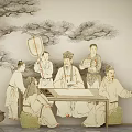 Traditional Chinese Figure Painting with Ancient Scholars Holding Fans Gathered Around Table and Pine Background