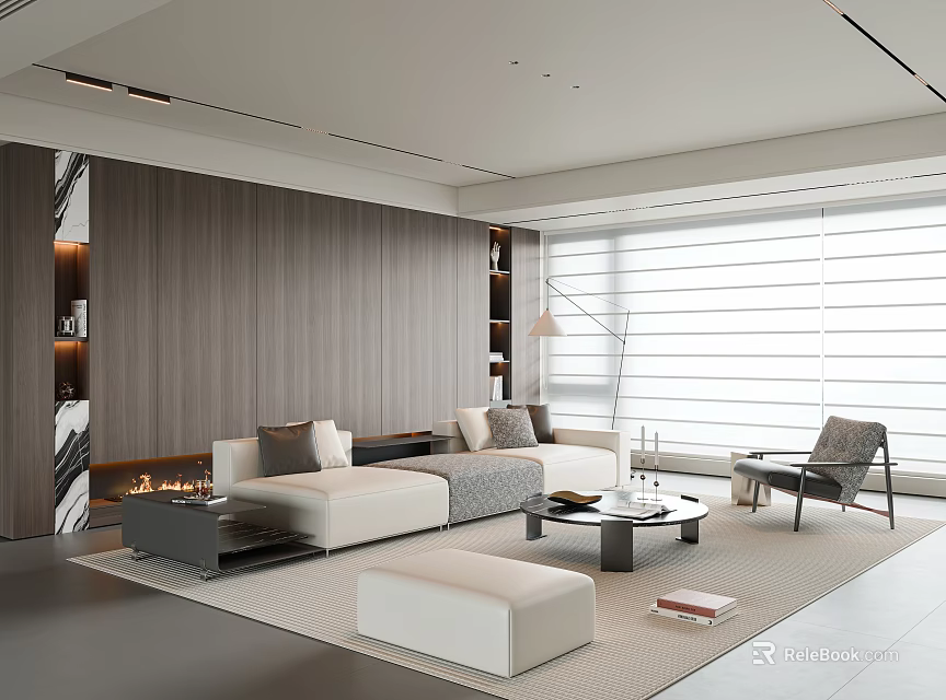 Modern Living Room Interior Design With Wooden Wall Panel Large Windows Fireplace And White Sofa 3d model 