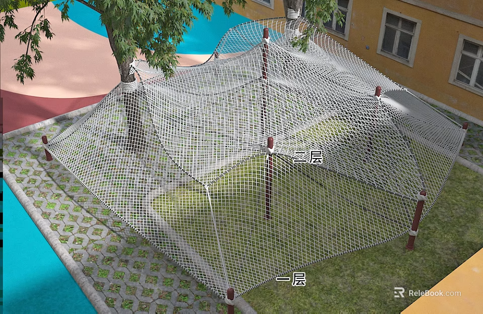Kindergarten Outdoor Play Area With Net Climbing Structure Tree And Colorful Ground 3d model 