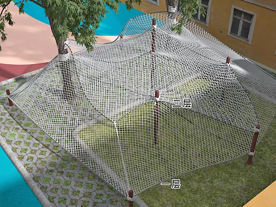 Kindergarten Outdoor Play Area With Net Climbing Structure Tree And Colorful Ground 3d model