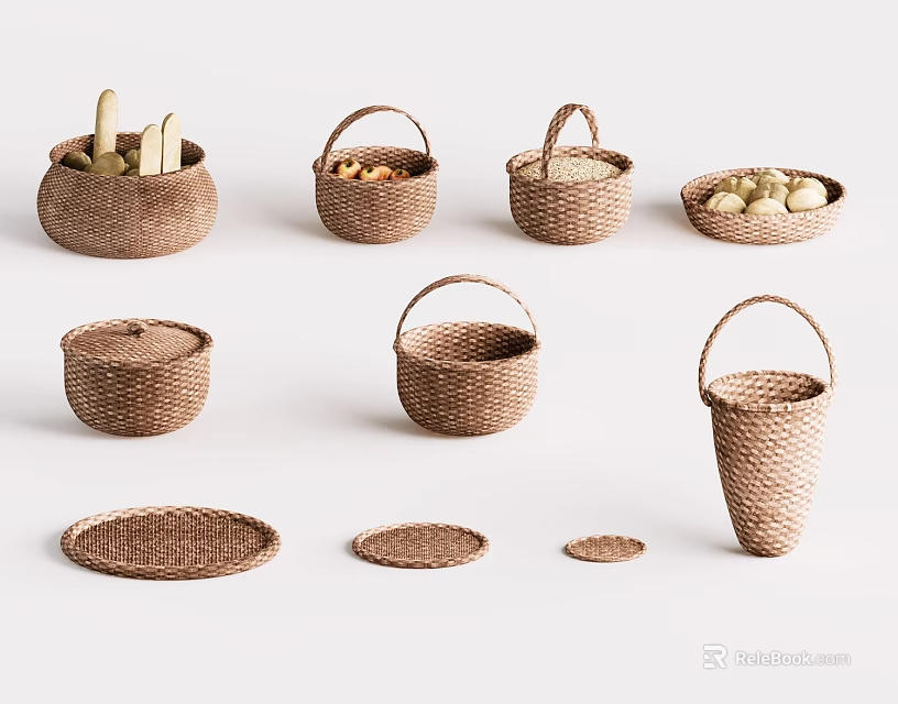 Natural Woven Household Baskets With Various Shapes For Storage And Decor 3d model 