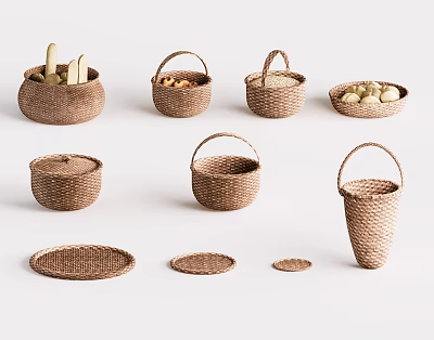 Natural Woven Household Baskets With Various Shapes For Storage And Decor 3d model
