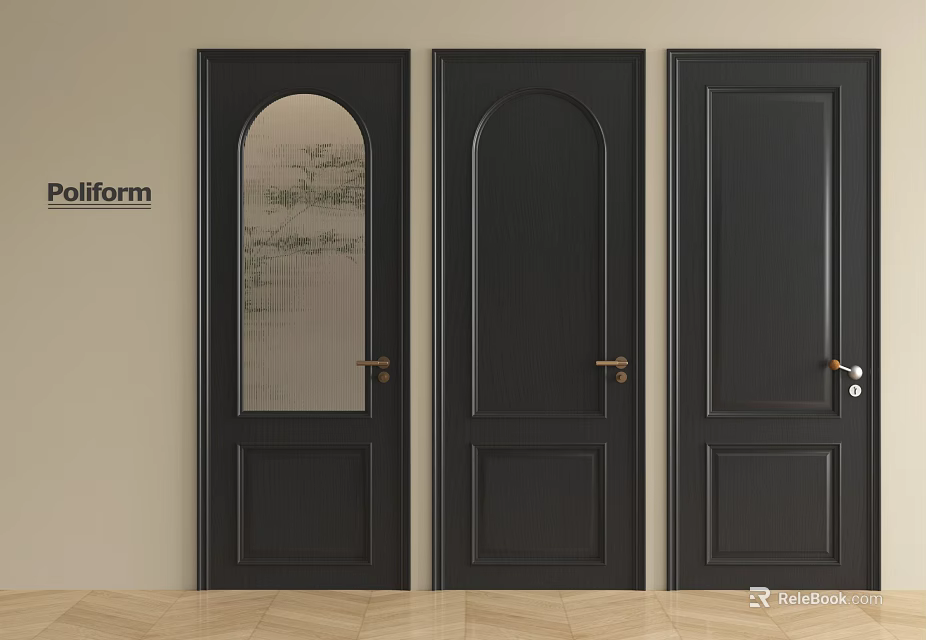 Black Hinged Doors With Arched Top Glass Panel Wooden Design And Golden Handles For Interior 3d model 