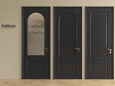 Black Hinged Doors With Arched Top Glass Panel Wooden Design And Golden Handles For Interior 3d model