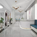 Modern Hair Salon Interior With Blue Styling Chairs Mirrors White Gray Decor And Round Lights