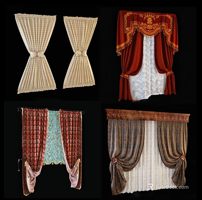 Various Decorative Curtains Featuring Bow Knots Red Fabric And Colorful Patterns For Home 3d model 
