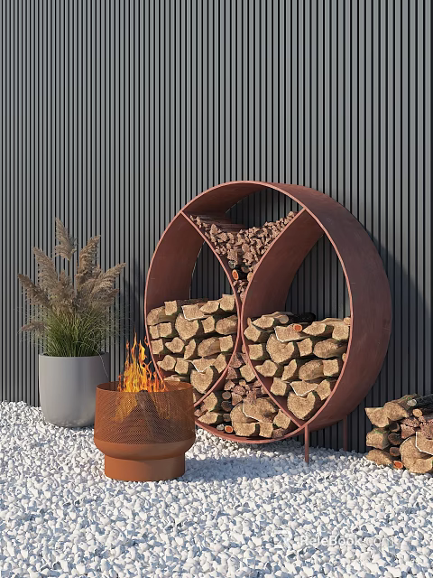 Cozy Fire Pit With Flame By Circular Firewood Rack And Potted Plant 3d model 
