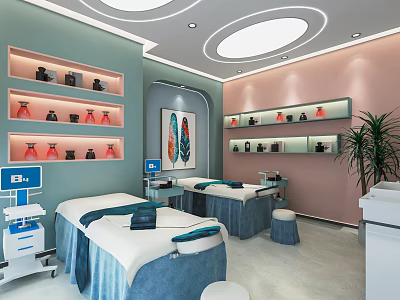 Modern Beauty Salon Spa Interior With Blue Treatment Beds Equipment Shelves And Pink Light Green Walls 3d model