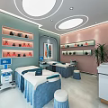 Modern Beauty Salon Spa Interior With Blue Treatment Beds Equipment Shelves And Pink Light Green Walls
