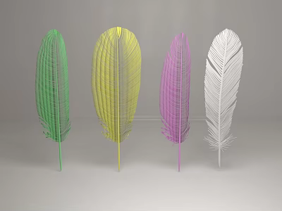 Four Colorful Feathers With Green Yellow Pink White Hues And Slender Stems On Gray Background 3d model