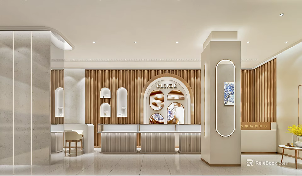 Modern Jewelry Store Interior Design With Arched Display Cases Wooden Walls And Sleek Counters 3d model 