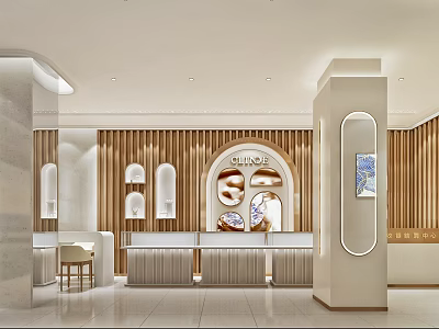 Modern Jewelry Store Interior Design With Arched Display Cases Wooden Walls And Sleek Counters 3d model
