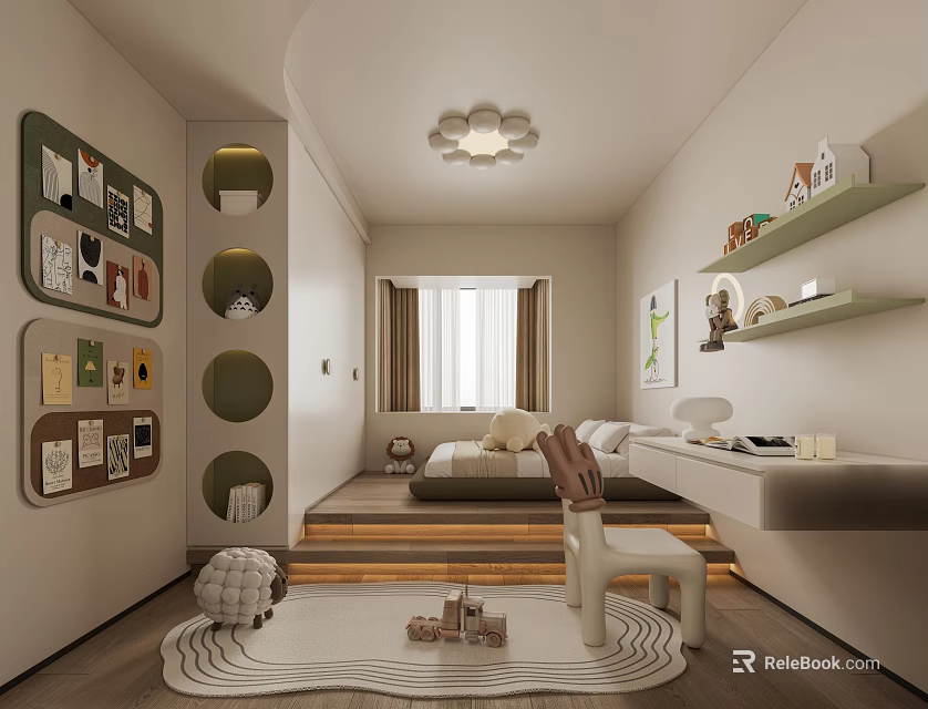 Kids Room Interior Design With Circular Wall Shelves Toys Rug Chandelier Window And Curtains 3d model 