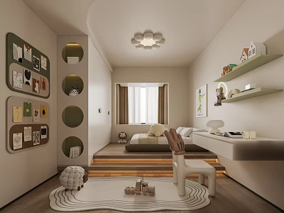 Kids Room Interior Design With Circular Wall Shelves Toys Rug Chandelier Window And Curtains 3d model
