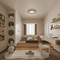 Kids Room Interior Design With Circular Wall Shelves Toys Rug Chandelier Window And Curtains