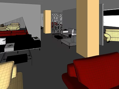 Modern Interior Design With Red Beige Sofas And Decorative Partition Furniture 3d model