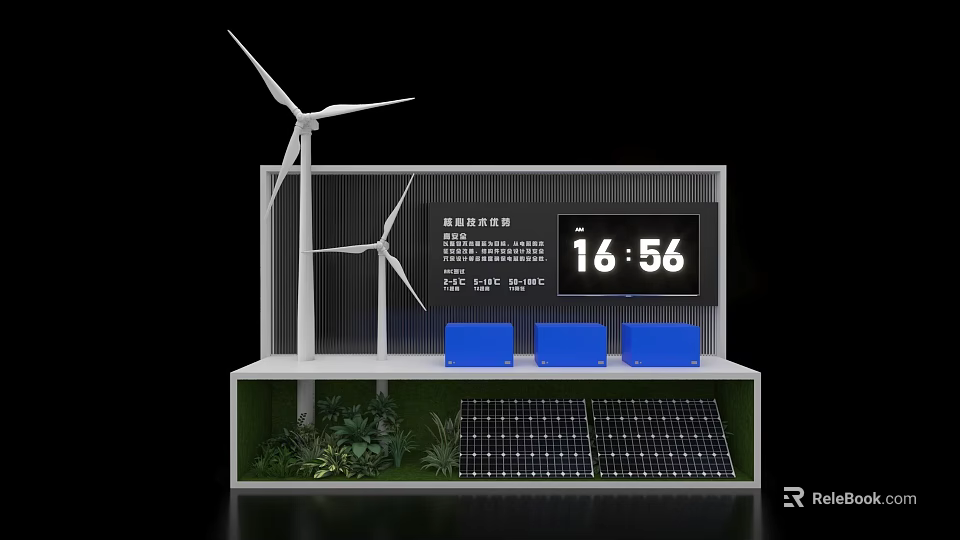 Exhibition Island With Wind Turbines Solar Panels Blue Seats Green Plants and Display Screen 3d model 