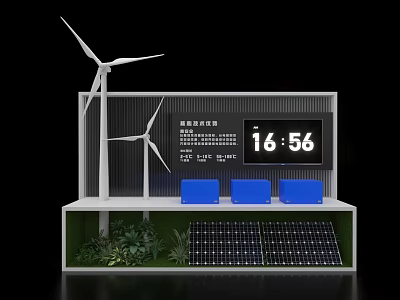 Exhibition Island With Wind Turbines Solar Panels Blue Seats Green Plants and Display Screen 3d model
