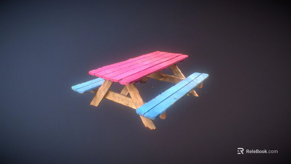 Wooden Outdoor Picnic Table With Pink Tabletop And Blue Benches 3d model 