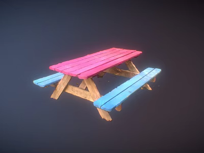 Wooden Outdoor Picnic Table With Pink Tabletop And Blue Benches 3d model