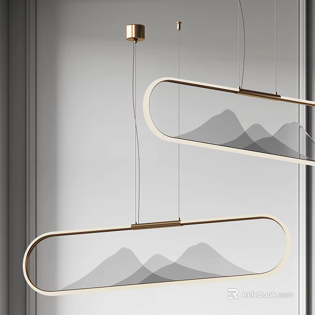 Modern Minimalist Pendant Lights Hanging With Oval Frame And Gray Mountain Pattern 3d model