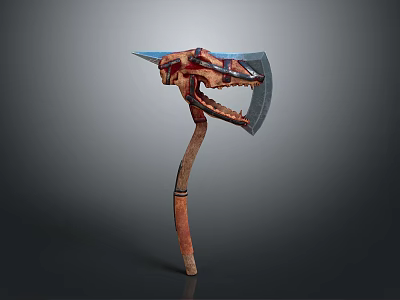 Ornate Battle Axe With Dragon Head Design Red Blue Accents Metal Blade And Wooden Handle 3d model
