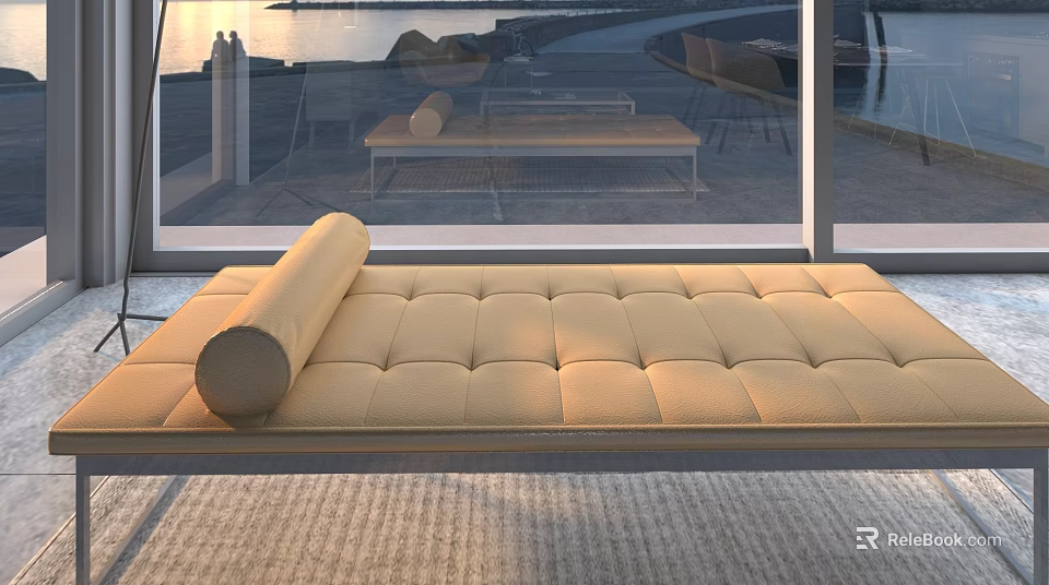 Beige Tufted Ottoman With Cylindrical Cushion For Modern Living Room Interior 3d model 