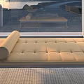 Beige Tufted Ottoman With Cylindrical Cushion For Modern Living Room Interior
