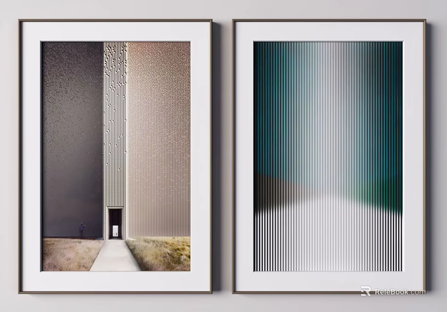 Two Framed Artworks With Vertical Stripes Building And Abstract Blue Green Design 3d model 
