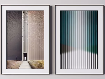 Two Framed Artworks With Vertical Stripes Building And Abstract Blue Green Design 3d model