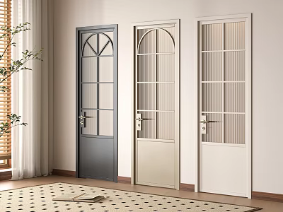 Three Hinged Doors in Dark Gray Beige White with Glass Panes in Modern Interior 3d model