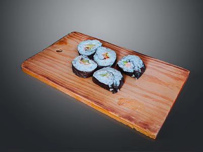 Perfectly Fresh Delicious Sushi Rolls Arranged on Natural Wooden Cutting Board 3d model