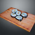 Perfectly Fresh Delicious Sushi Rolls Arranged on Natural Wooden Cutting Board