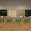 Neat Modern Classroom With Wooden Flooring Grid Walls Blackboard Student Works Green Storage Cabinets