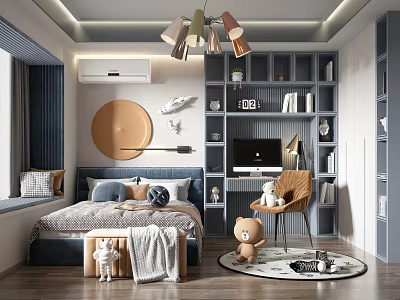 Kids Room Interior Design With Bed Pillows Bookshelf Desk And Teddy Bear Decor 3d model