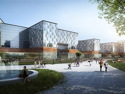 Modern Commercial Street With Glass Curtain Wall Buildings People Walking Greenery Plaza And Fountain 3d model