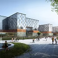 Modern Commercial Street With Glass Curtain Wall Buildings People Walking Greenery Plaza And Fountain