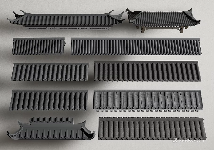 Traditional Chinese Architectural Roof Components With Various Tile Structures And Eaves Designs 3d model