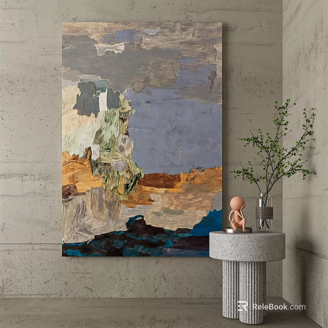 Modern Interior With Abstract Oil Painting Colorful Textures Stone Table Vase Sculpture 3d model 