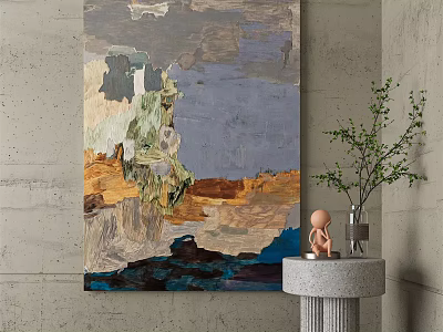 Modern Interior With Abstract Oil Painting Colorful Textures Stone Table Vase Sculpture 3d model