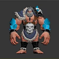 3D Helmeted Fantasy Warrior Model With Muscular Build Blue Flame Arms And Skull Decor
