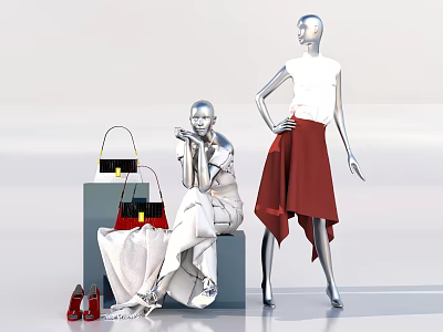 Fashion Models Showcasing White Dress Red Skirt Black Handbags And Red High Heels 3d model