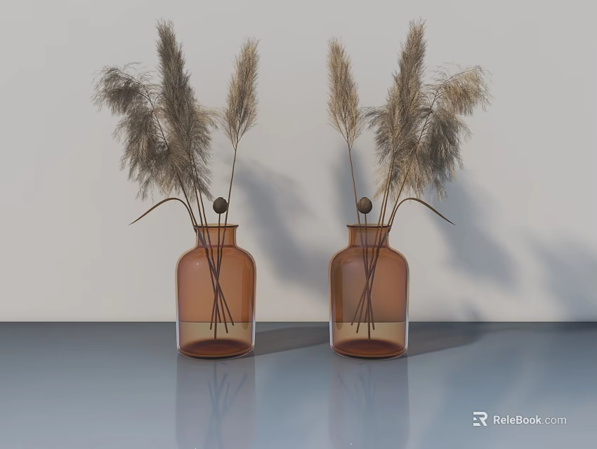 Swing Door Design Featuring Brown Glass Vases With Dried Reeds On Grey Tabletop 3d model 