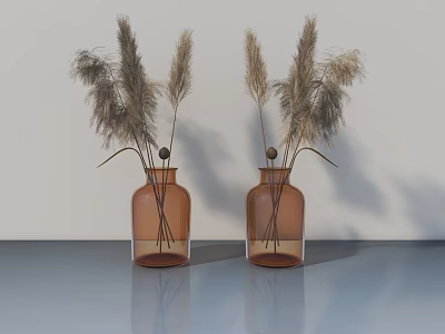 Swing Door Design Featuring Brown Glass Vases With Dried Reeds On Grey Tabletop 3d model
