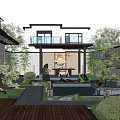Modern Courtyard Garden Design With Pond Wooden Deck Green Plants Stone Pathway And Landscape Lighting