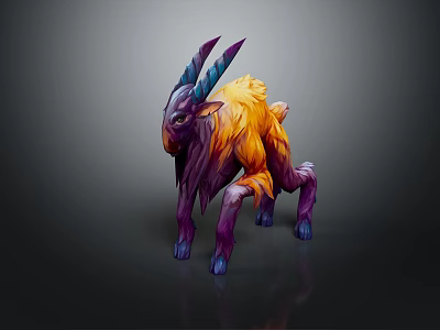 Fantasy Mythical Creature 3D Model With Purple Horns And Orange Fur Design 3d model