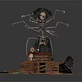 Steampunk Mechanical Device With Multiple Metal Arms Skull Top And Wooden Platform