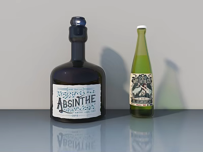 Dark ABSINTHE Bottle And Green MOUNTAIN DEW Bottle On Reflective Glass Surface 3d model