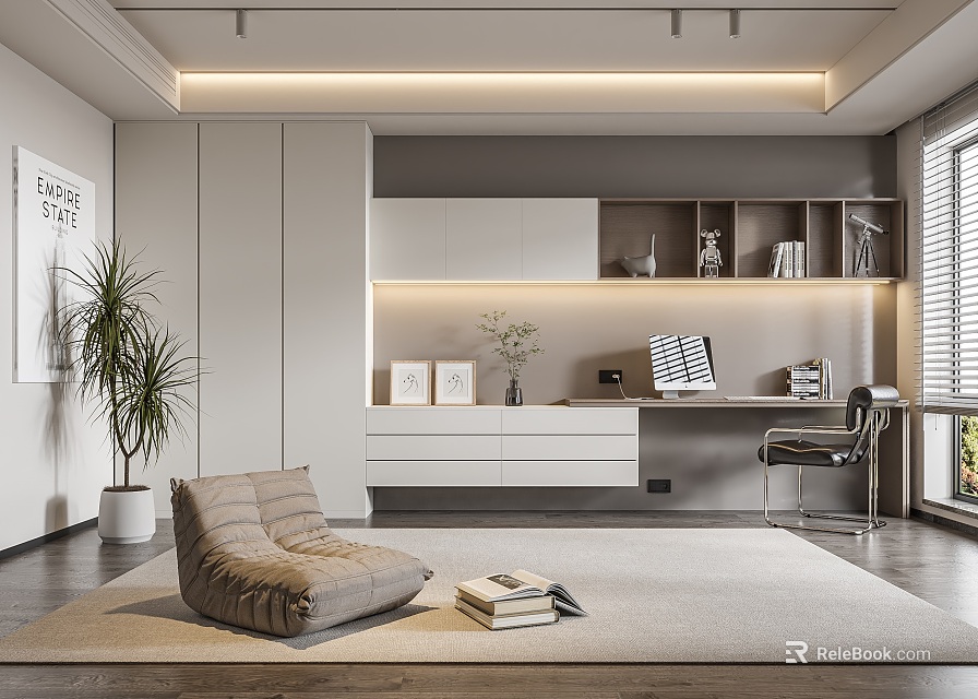 Modern Study Room With Built in Shelves Desk Chair and Lazy Sofa 3d model 