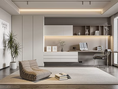 Modern Study Room With Built in Shelves Desk Chair and Lazy Sofa 3d model